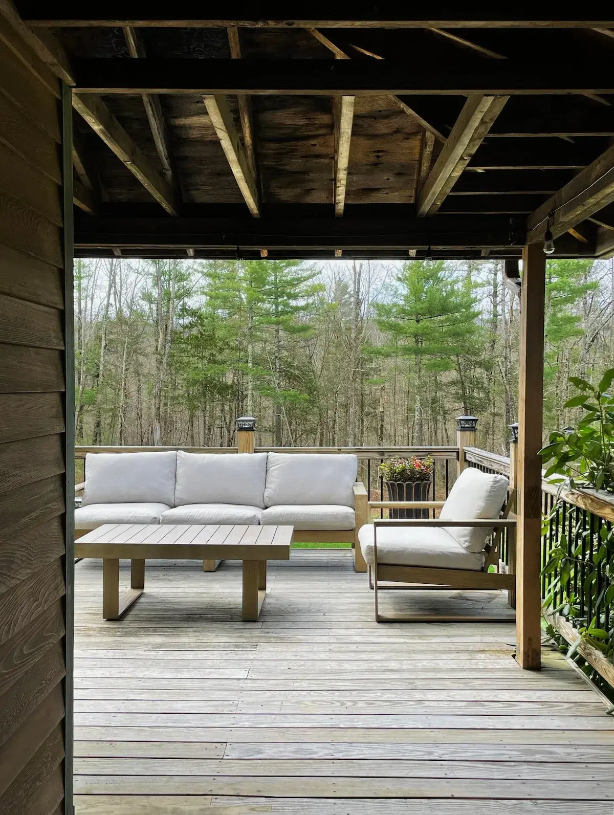 The covered porch looking over the deck to the woods in early spring