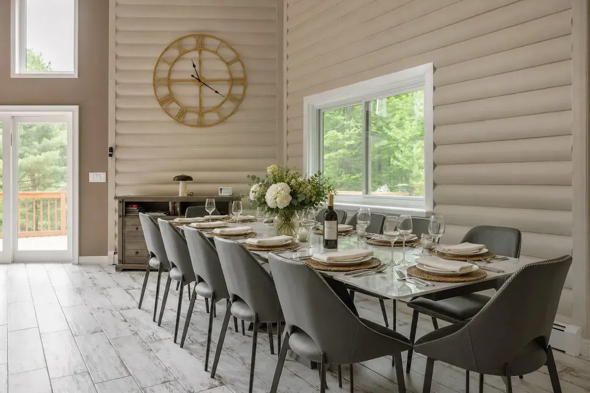 The dining table set for dinner